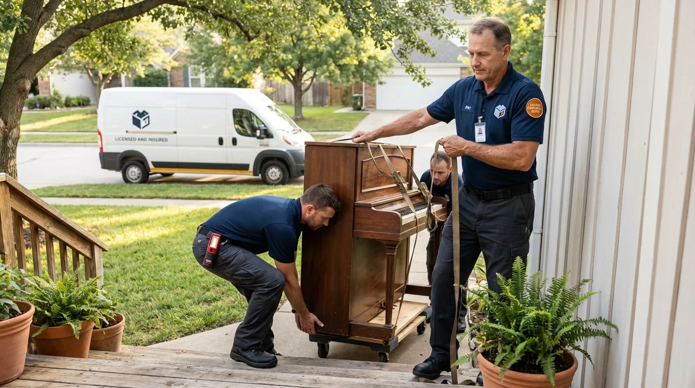 Licensed piano movers securing grand piano in Magnolia, NJ