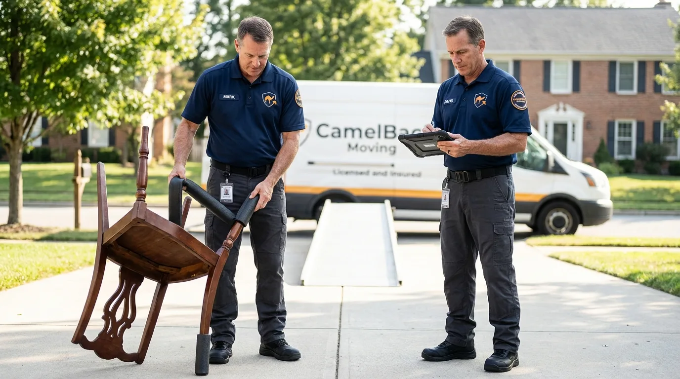 Movers inspecting furniture for damage prevention before loading in Magnolia, NJ