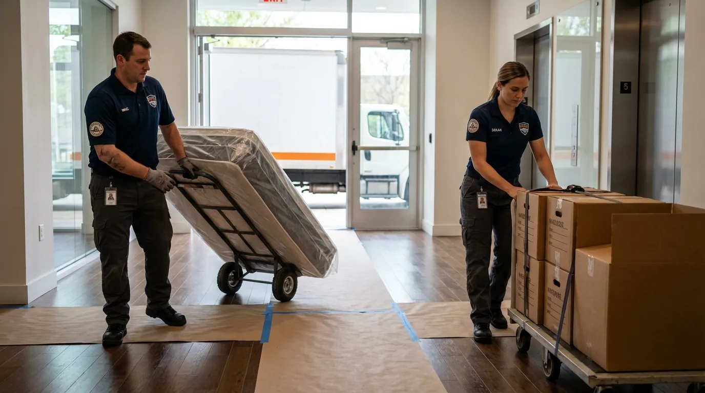 Professional apartment movers loading elevator in Magnolia, NJ