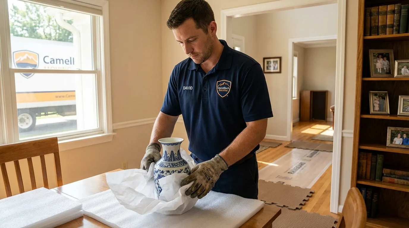 Professional crew carefully wrapping antique vase for senior downsizing move in Magnolia, NJ